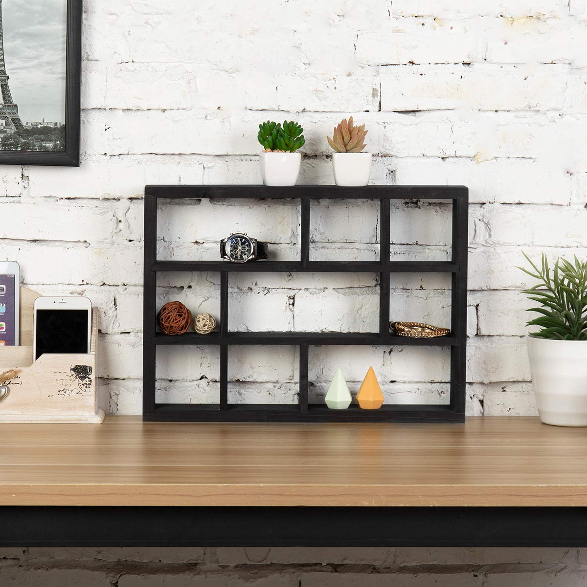 MyGift 9 Compartment Vintage Solid Wood Shadow Box, Wall Mountable Curio Display Case, Freestanding or Floating Shelf for Collectible Figurines, Succulents (Matte Black)