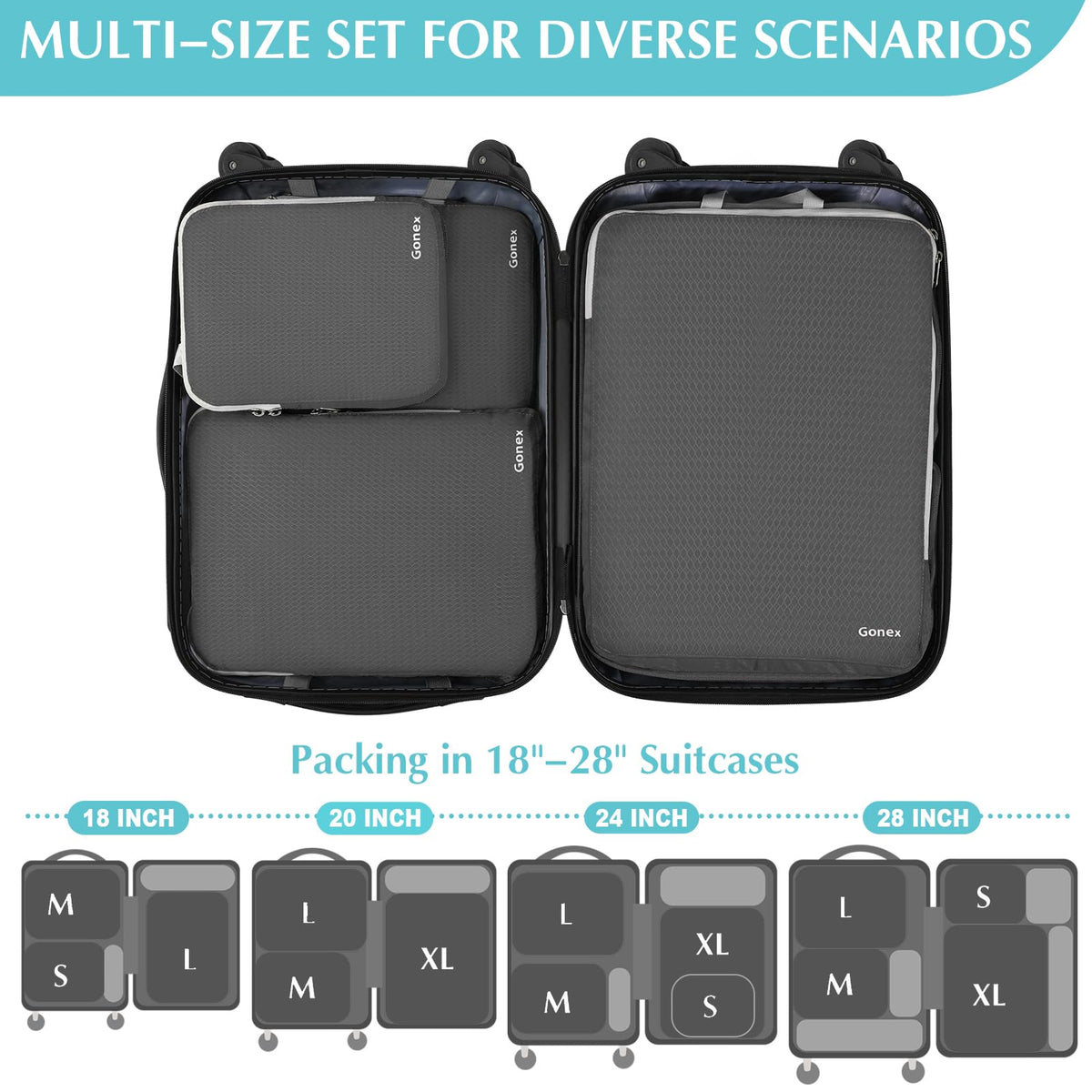 Gonex Compression Packing Cubes, 4pcs Expandable Storage Travel Luggage Bags Organizers (Deep Gray)