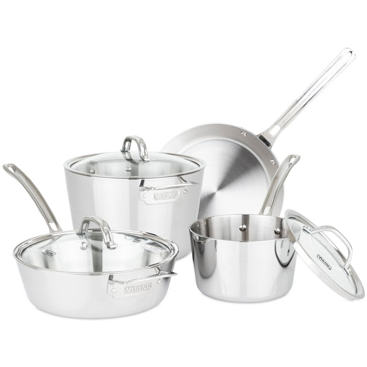 Viking Contemporary 3-Ply Pots and Pans Set, 7 Piece Stainless Steel Kitchen Cookware, Silver