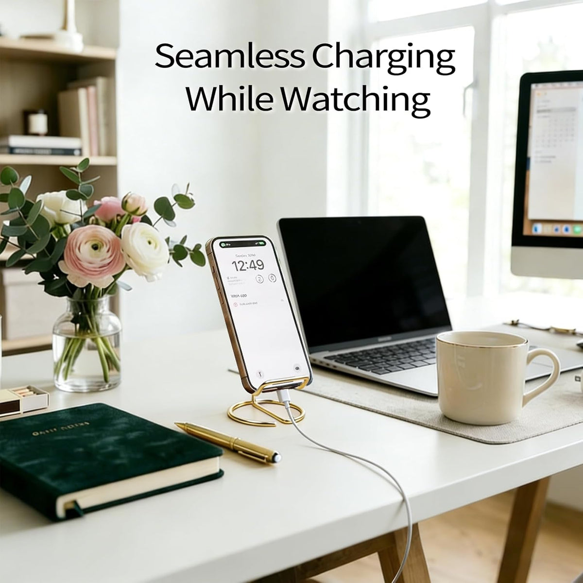 CREECHWA Phone Stand for Desk, Sturdy Metal Gold-Plated Phone Stand for Office Desk, Hands-Free Phone Charging Holder