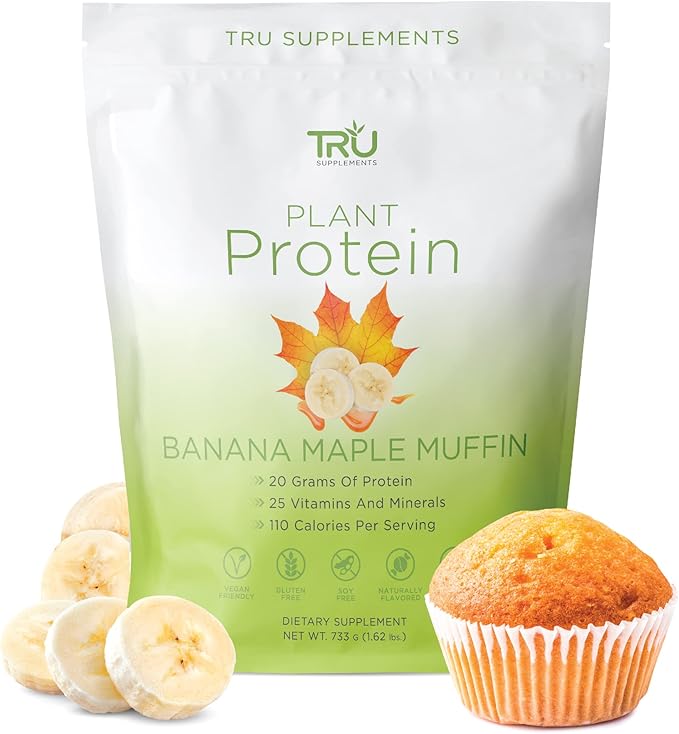TRU Supplements Plant Based Protein Powder, BCAA, EAA, 20g Vegan Brown Rice & Pea Protein, 100 Calories, 27 Vitamins, No Artificial Flavors 25 Servings (Banana Maple Muffin)