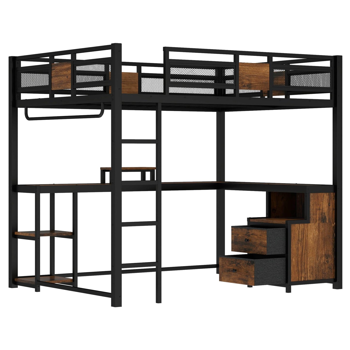 Bellemave Metal Queen Size Loft Bed with Desk and Non-Woven Fabric Drawers,Heavy Duty Loft Bed Frame with Clothes Rack and Storage Shelves for Kids,Teens,Adults, Space Saving,Black
