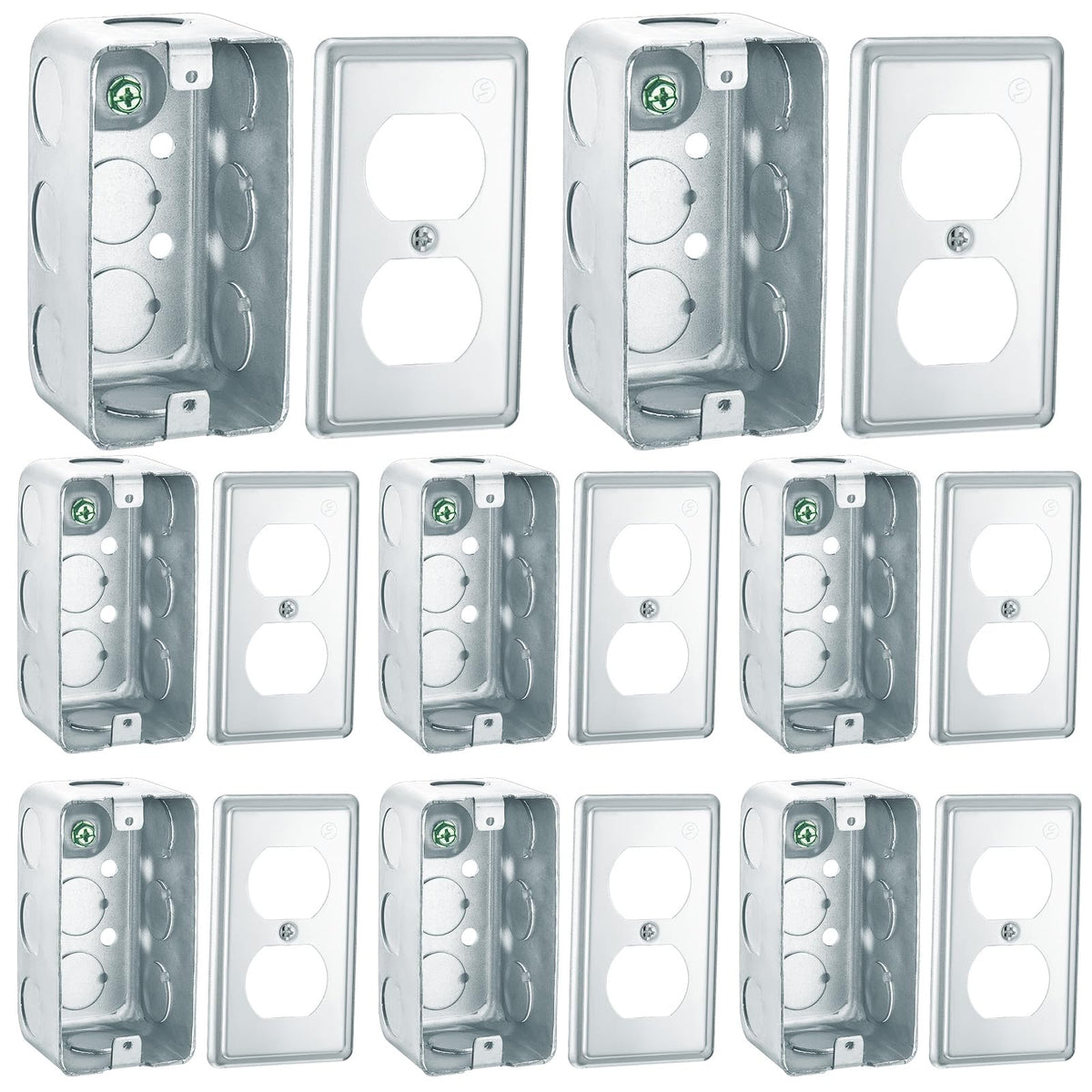 Copkim 8 Set 4 x 2 Inch Electrical Junction Box with Cover Square Plenum Box Galvanized Steel Metal Outlet Boxes, Ten 1/2'' Knockouts, 1-7/8" Deep, 13 Cu. in. Capacity (Duplex Receptacle Cover)