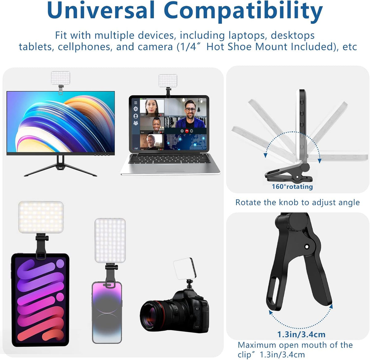 ALTSON 60 2200mAh 97+, 3 LED Portable Selfie Light Video Conference Lighting with Clip & Camera Tripod Adapter