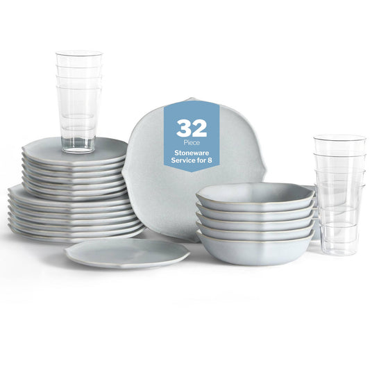 Stone Lain Baskerville 32-Piece Dinnerware Set Stoneware, Borosilicate Glass, Light Blue