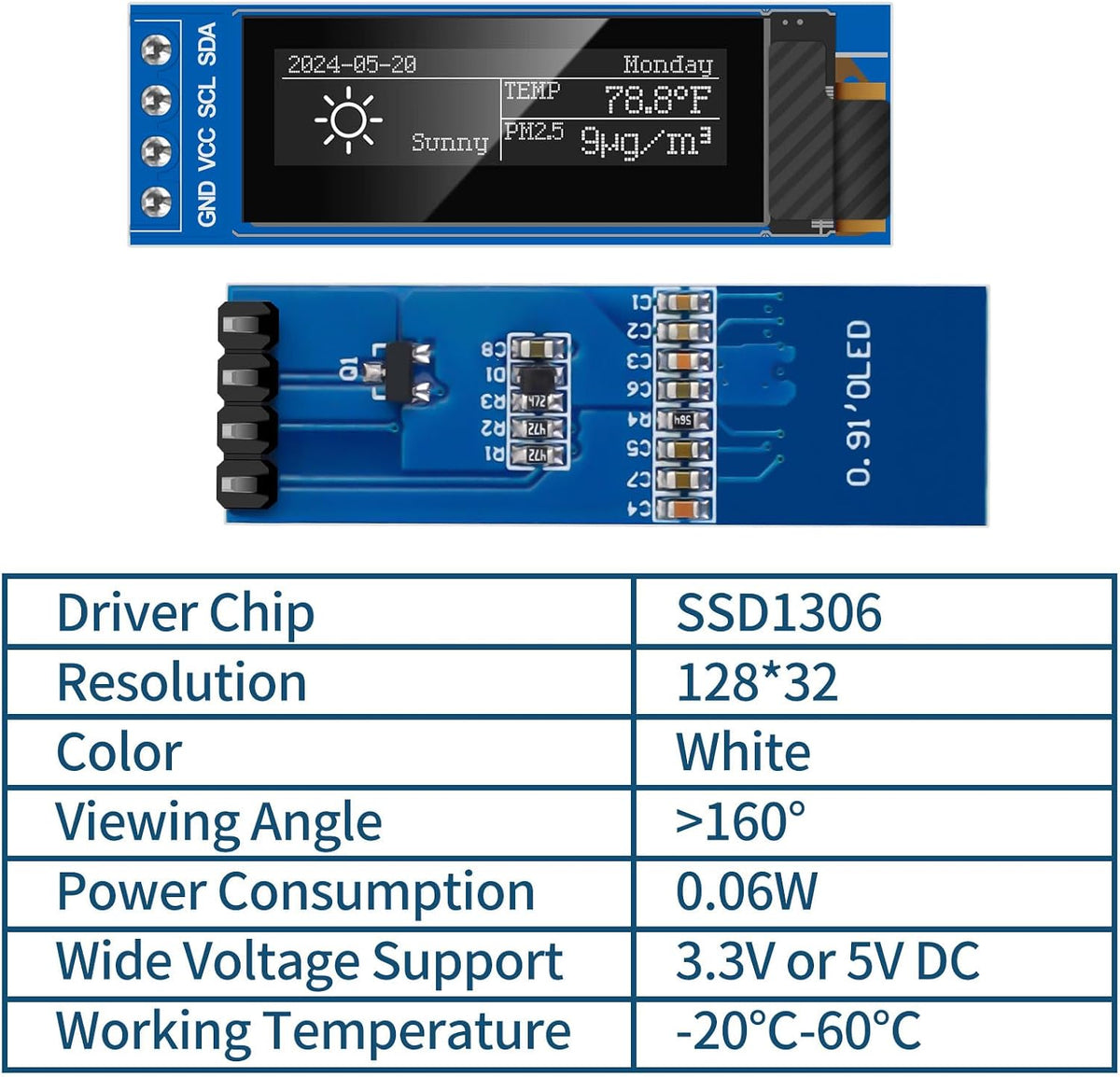 MakerFocus 5pcs 0.91 Inch I2C 128 32 SSD1306 Pi/ESP32 IIC OLED Display Module x Pixel Driver Self-Luminous Display