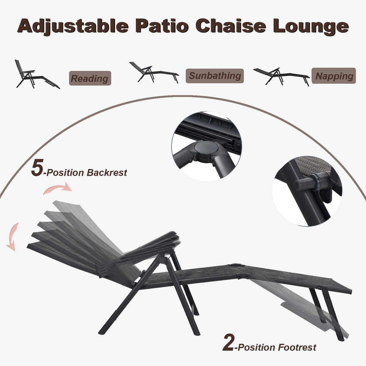 Multigot Folding Sun Lounger Set of 2, 5-Positions Adjustable Reclining Chaise Lounge Chair with 2-Level Footrest & Armrests, Steel Frame Outdoor Sunbed Deck Chair for Poolside Beach Camping (Gray)