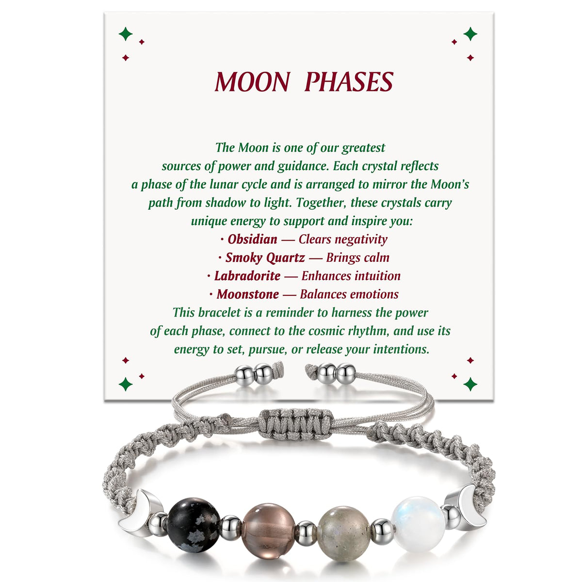 LAVEIR Moon Phase Crystal Healing Bracelet for Women, Natural Stone Beaded Bracelet with Moonstone, Spiritual Bracelets for Intuition, Emotional Balance, Intention Setting, Gifts for Women