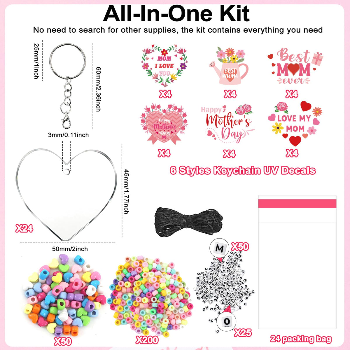24 Set Mothers Day Craft Kits, Mom DIY Keychain Bulk Set with Acrylic Blank and UV DTF Stickers, Mama Craft Gifts Making Kit, Funny Classroom Home Birthday Art Activities Party Favors