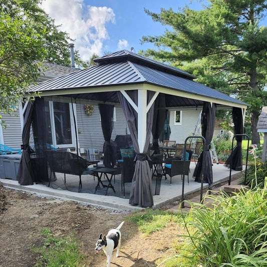 PURPLE LEAF 12' X 20' Hardtop Gazebo Metal Double Roof White Aluminum Frame Outdoor Heavy Duty Gazebo with Curtain and Netting for Patio Garden and Backyard, Grey
