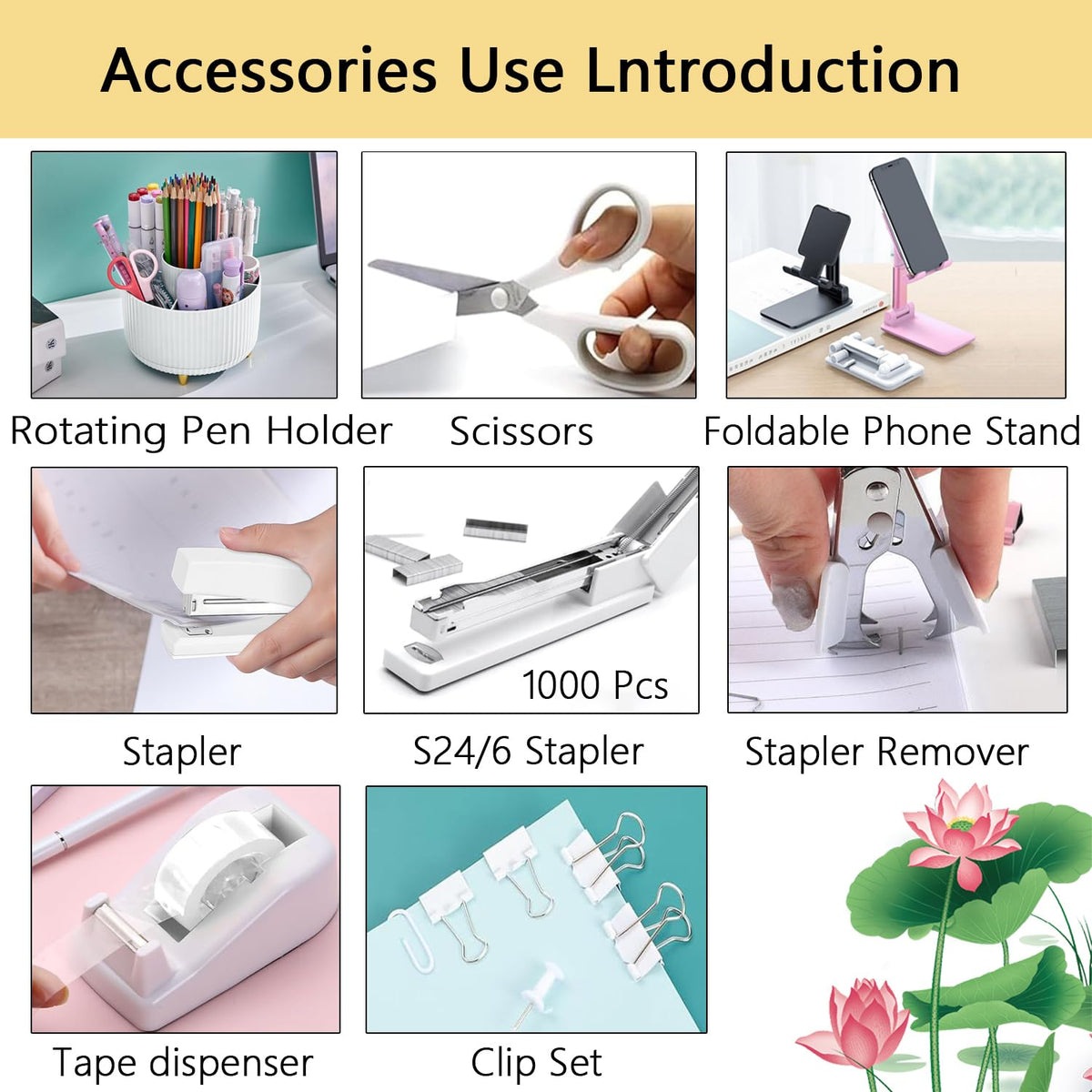 Office Supplies,Desk Accessories,Desk Organizer,Stapler,Tape Dispenser,Folding Phone Holder,Scissors,Notebook,Staple Remover,Staples,Clear Tape,Sticky Notes,Paper Clips,Bookmark,Pen,Pen pals Ect.27pcs