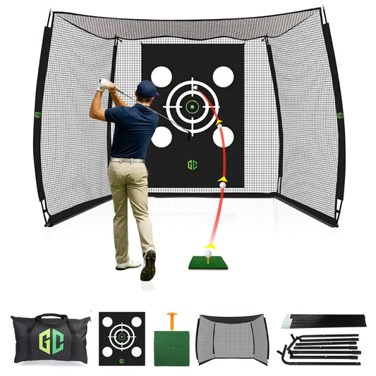 Heavy-Duty Golf Hitting Net 10x8x5.5 FT- Golf Practice Net with Silent Target Tarp, 4-Ply Net, Mat & Tee, Steel Tubes, Poles & Carry Bag - Golf Nets for Backyard, Indoor, Outdoor & Garage