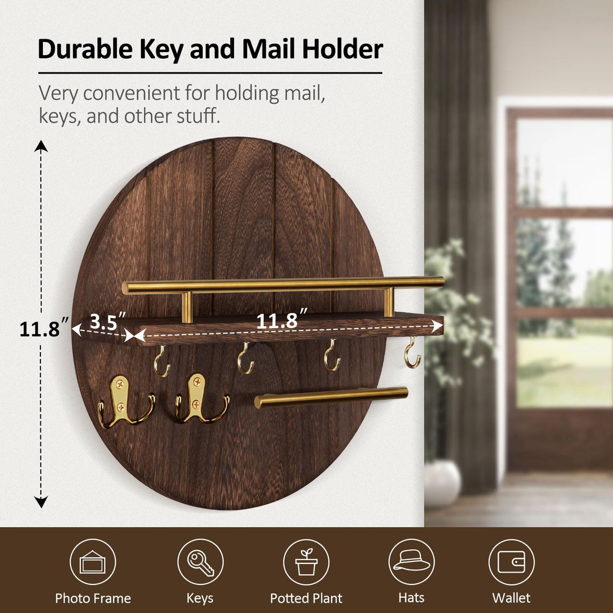 Nekon Key Holder Wall Mount, 11.8 Inch Rack With Shelf and 6 Hooks, Rustic Mail Organizer, Circular Wooden Hanger for Entryway Hallway Kitchen (Brown&Gold)