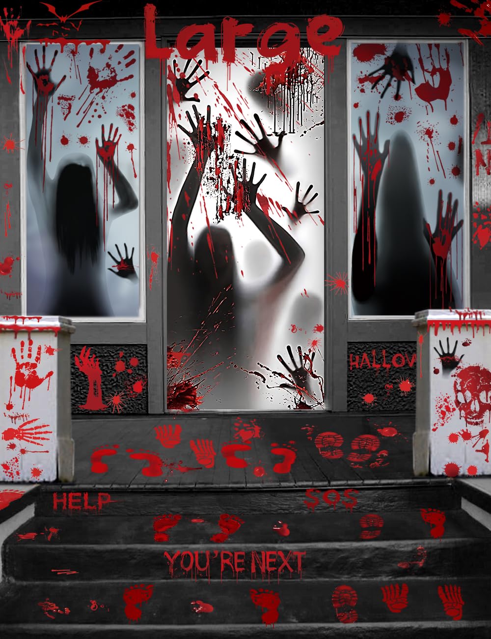 Wohohoho 11 Sheets/202 Pcs Bloody Halloween Decorations Set. 2 Giant Spooky Door Cover, 6 Sheets Horror Window Clings, 3 Sheets Scary Floor Stickers, Halloween Party Wall Decal Bedroom Inside Decor