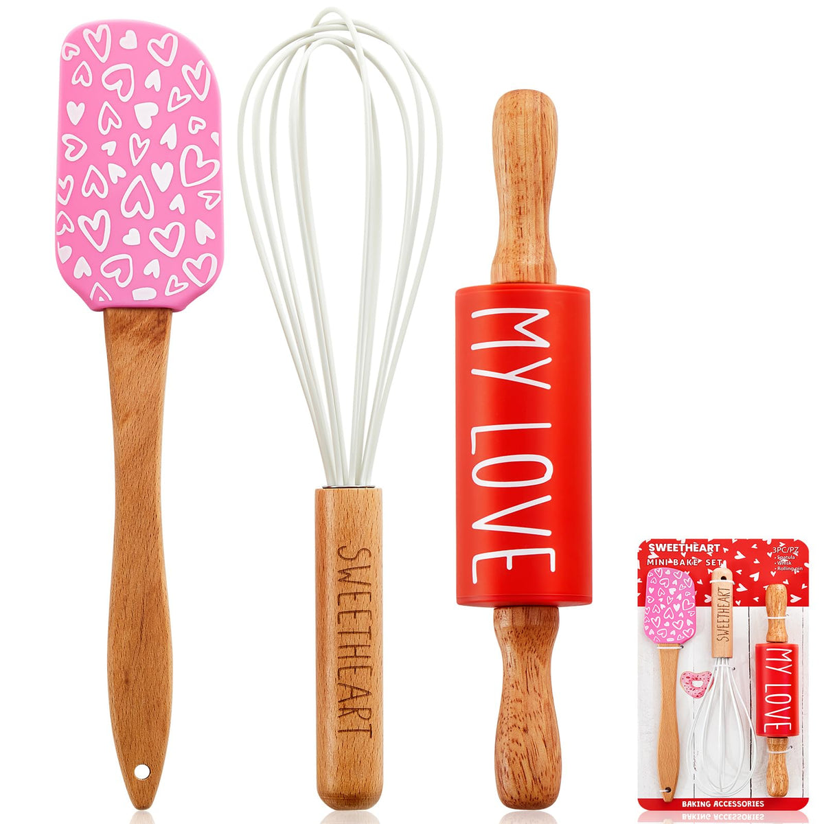 Fuutreo Valentines Holiday Mini Bake Set with Mini Spatula, Whisk and Rolling Pin, Sweetheart Pattern, Heat Resistant, Valentine Sweet Gift Bake Set for Baking Cooking Sauteing Mixing Serving Stirring