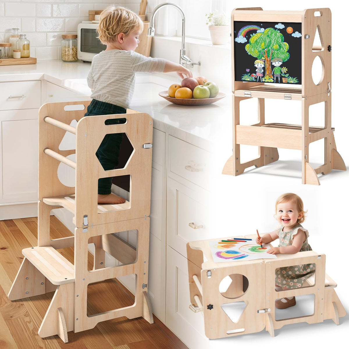 Woodure 4-in-1 Toddler Kitchen Step Stool, Foldable Learning Standing Tower with Blackboard, Wooden Kitchen Stool Helper for Kids, 1-3 Year Old Boy Girl Gifts