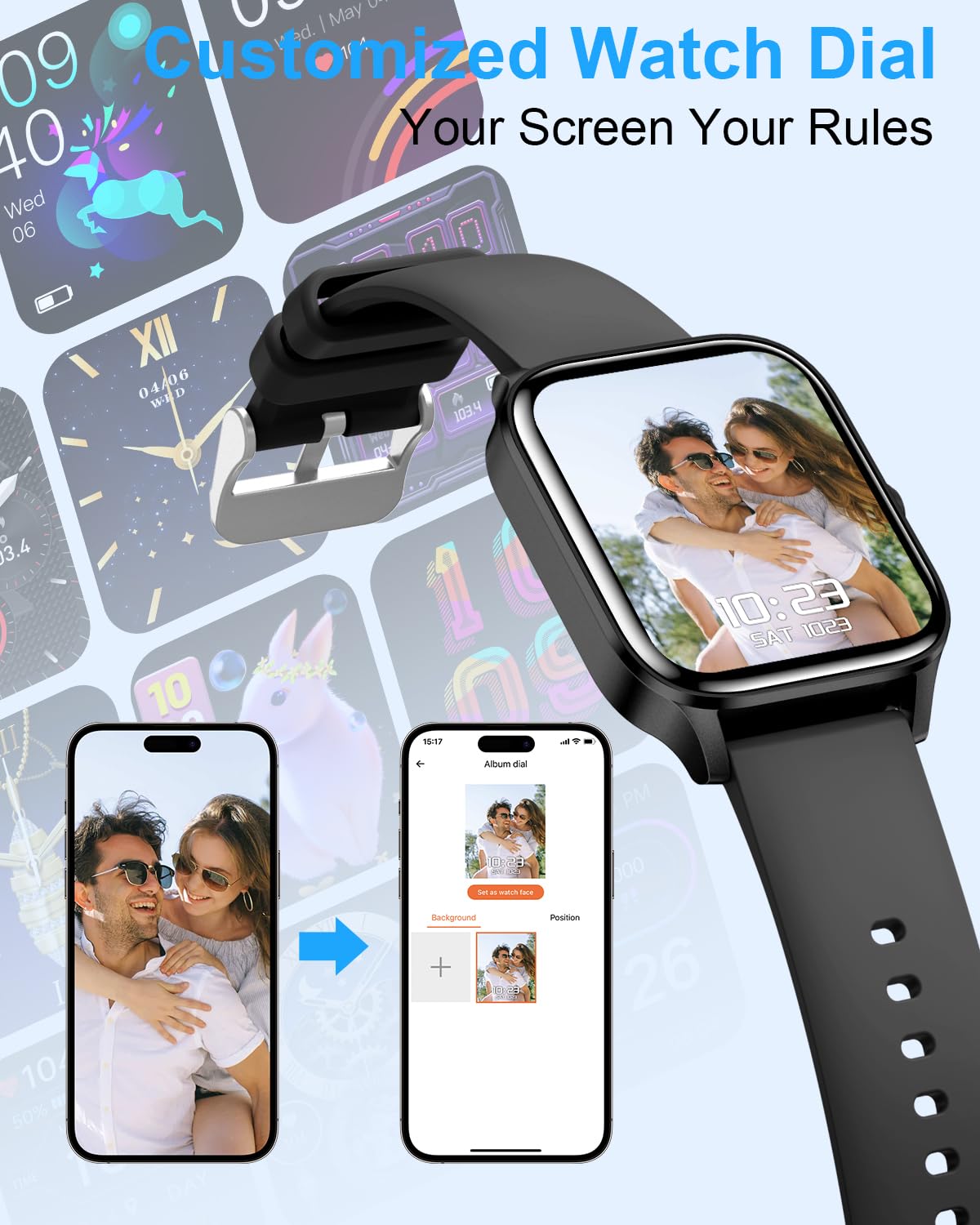 Smart Watch for Men Women, 1.85"HD Fitness Tracker (Answer/Make Call/Messages),130+ Sport Modes with 24/7 Heart Rate/Sleep Monitor/Pedometer, IP68 Waterproof, Smartwatche for Android&iOS (Black)