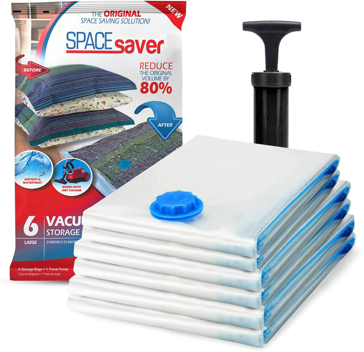 6 Pack Large Vacuum Storage Bags for Comforters, Blankets & Clothes – Vacuum Sealed Compression Bags with Hand Pump – Space Saver Storage Bags for Bedding, Moving, Travel & Organization