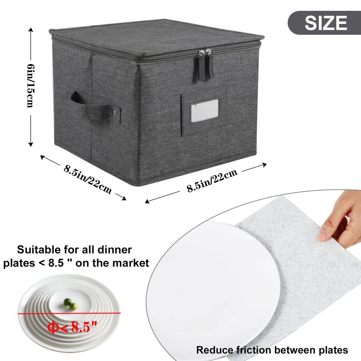 popoly China Storage Container for Bowls or Dessert Plates, 8.5" W x 6" H Plate Storage Case with 24 Felt Dividers, Hard Shell and Stackable (2 Pack Grey)