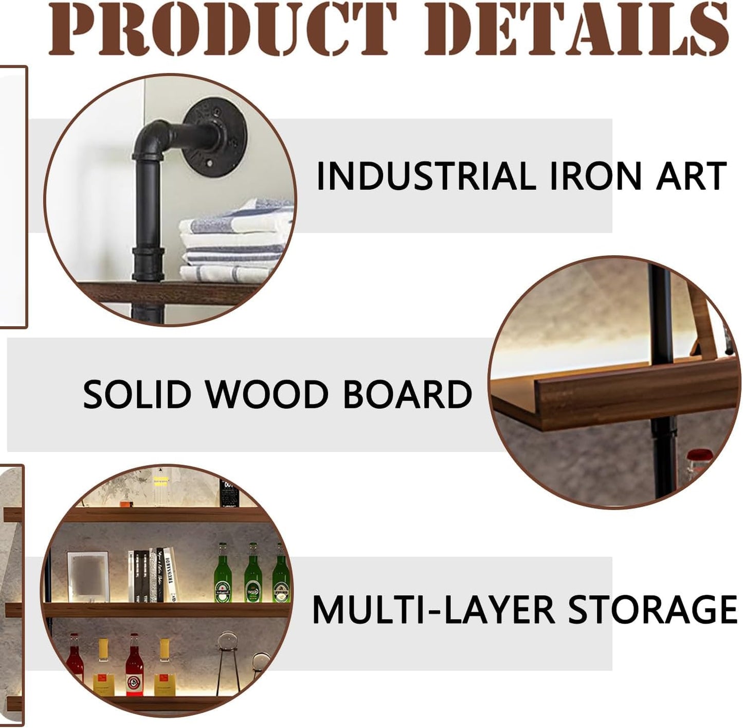 Dawselod 78.7in Large Wine Rack with LED Light Solid Wood Wall Mounted Wine Rack, 3-Tiers Liquor Bottles Floating Shelves Display Storage Organizer for Home Bar & Dining Room (200cm/78.7in)