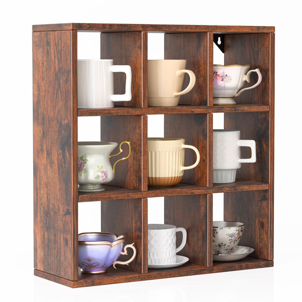 Helsin 9 Grid Vintage Coffee Mug Display Rack, 16inch Wall Mounted Wooden Curio Shadow Box Shelf, Cup Floating Shelves Display and Organizer (Bronze)