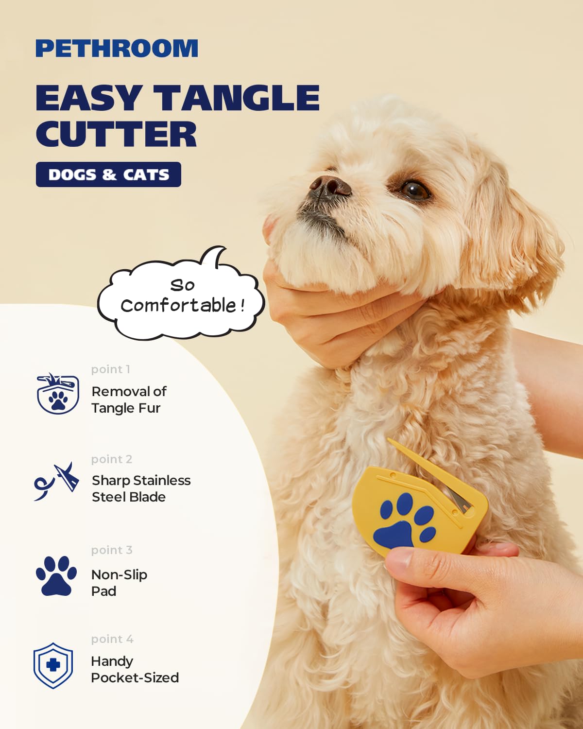 PETHROOM Easy Tangle Cutter for Dogs & Cats | Professional Dematting Tool with Steel Blade | Cat Matted Fur Remover | Safe & Gentle Pet Grooming Comb for Long & Medium Coats