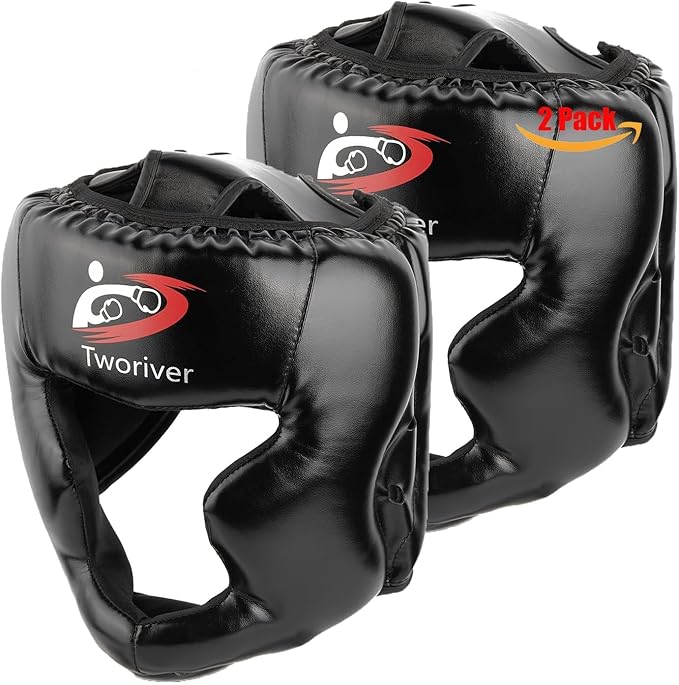 Boxing Headgear 1 or 2 Pack, One Size Fits All Ages MMA Headgear, Closed Type Boxing Helmet, Sparring MMA Muay Thai Kick Brace (Black-Black)