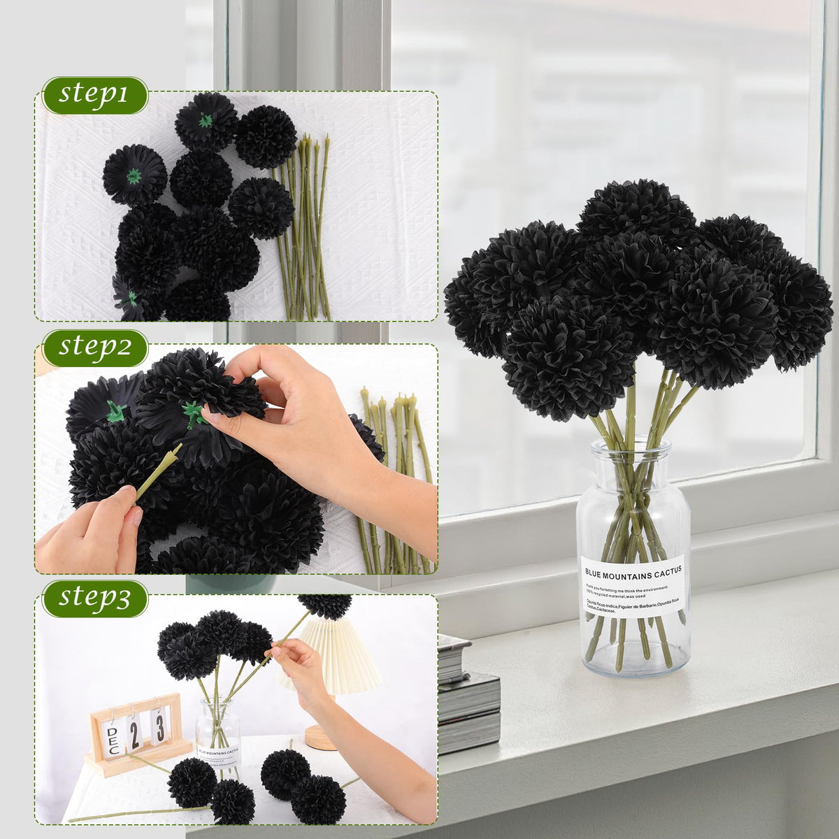 Rowfad 12 Pcs Black Artificial Chrysanthemums Flowers Silk Fake Mums Flowers for Halloween Ghothic Wedding Table Centerpiece Christmas Home Decor (12, Black)