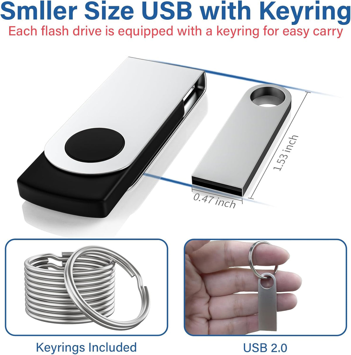 Wooolken 5 Pack 1GB 2.0 USB Flash Drive with Keychains, Sleek Metal USB Thumb Drives Memory Stick for PC Laptop