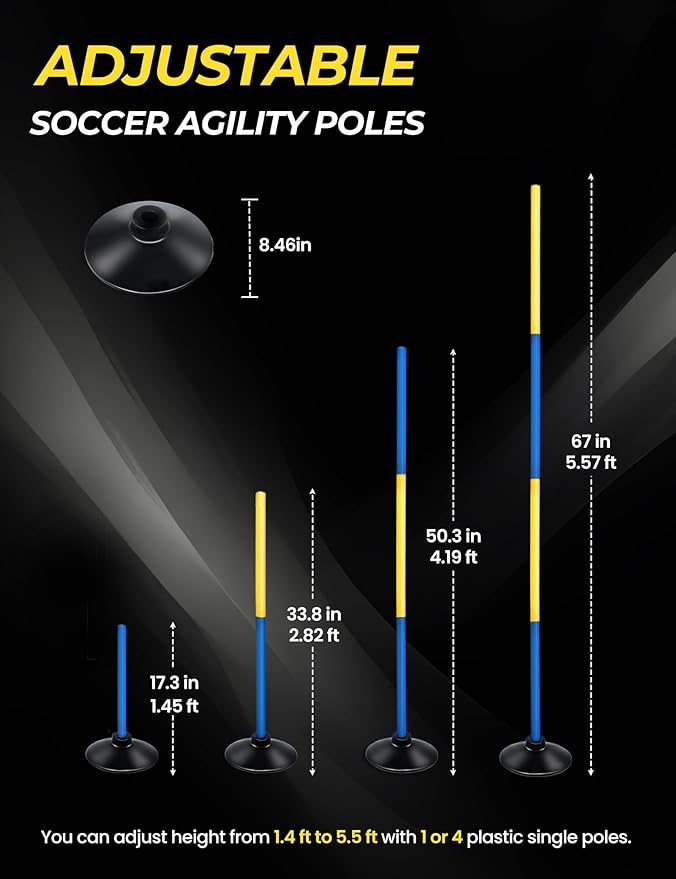 SEAOTTER Soccer Agility Poles Set, 4/6/10 Pcs 6ft Detachable Sports Trainning Speed Poles Slalom Poles with Rubber Base, Agility Training Equipment for Football, Rugby, Basketball, Indoor & Outdoor