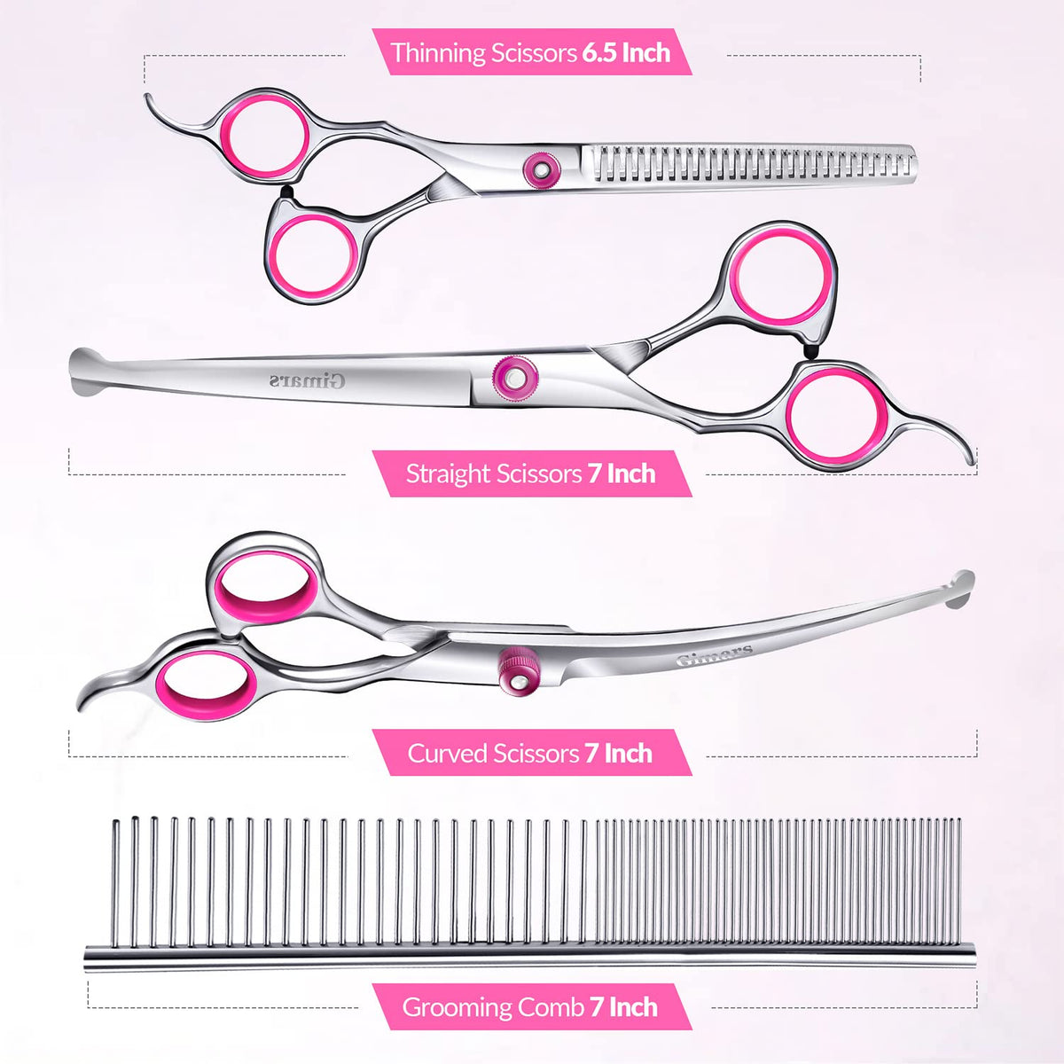 Gimars Dog Grooming Scissors Kit Professional 4CR with Safety Round Tip, 5 in 1 Heavy Duty Titanium Coated Thinning & Curved & Straight Shears