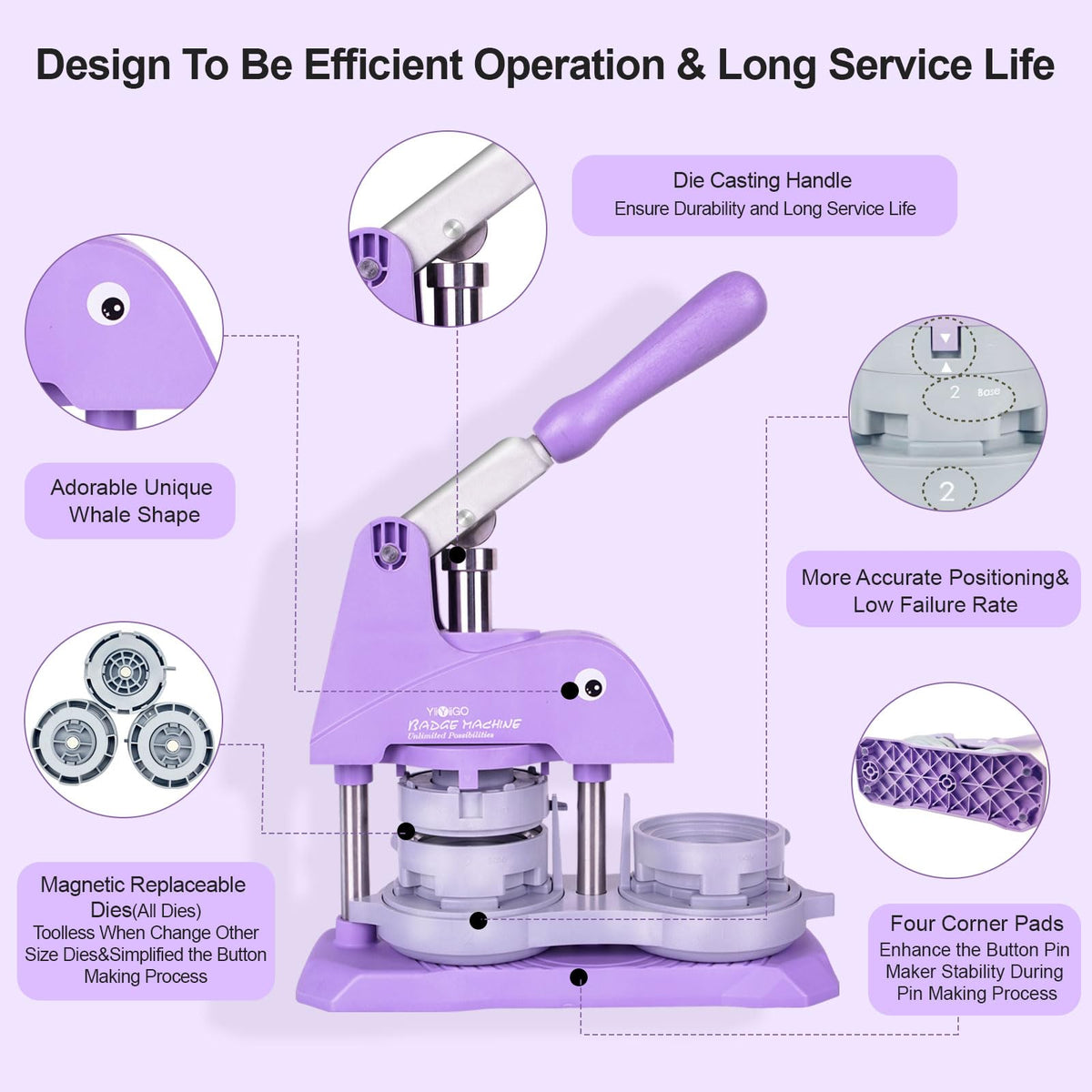 YiiYiiGO Button Maker Machine Multiple Sizes, 1+1.25+2.25 inch Installation-Free Pin Maker Machine, Ideal Pin Press for Kids DIY with Free 300 Sets 25+32+58mm Button Making Supplies(Purple)