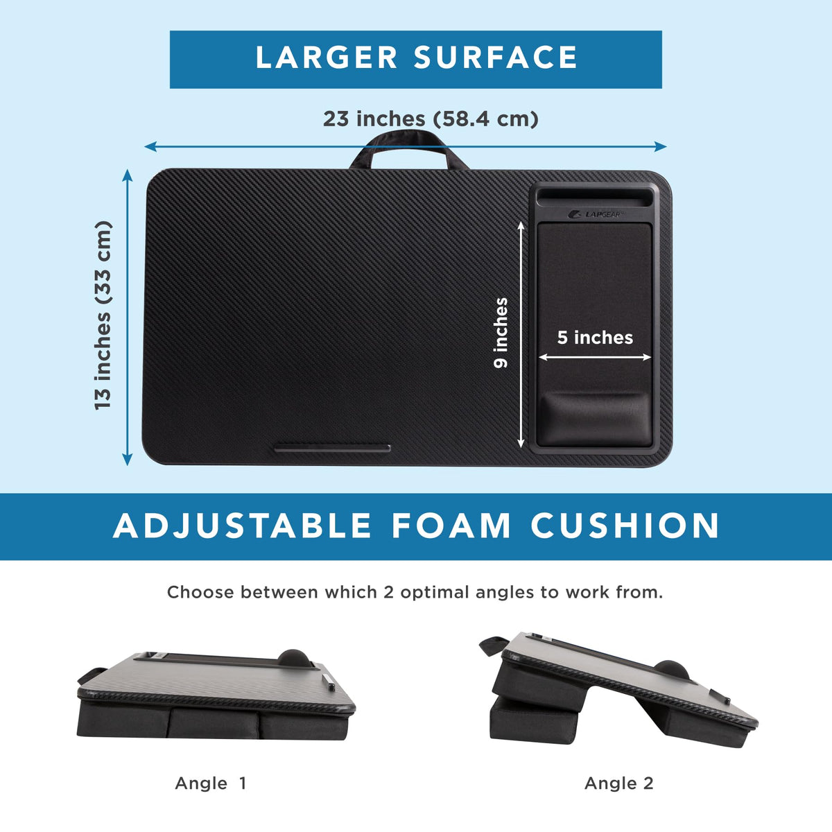 LAPGEAR Extra Large Adjustable Lap Desk – Fits Laptops up to 17.3”, Adjustable Cushion, Memory Foam Wrist Rest, Mouse Pad, Device Ledge, & Phone Slot – Black Carbon - Style No. 88108