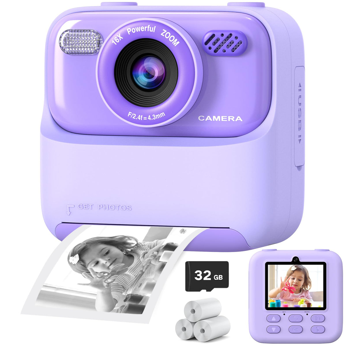 Kids Instant Digital Cameras for Boys and Girls, 1080P HD Dual-Lens Selfie Digital Camera with Print Paper & 32G Card, Christmas Birthday Gifts Toys for Toddler and Teenagers Age 3-16 Years Old