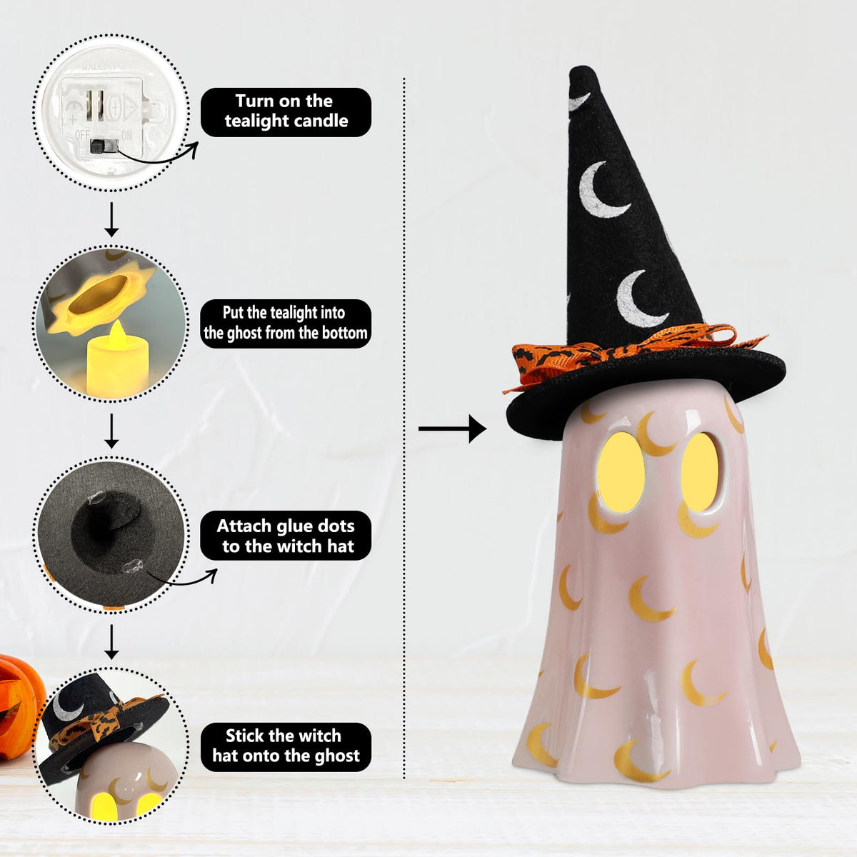 DAZONGE Halloween Decor Indoor, Set of 3 Ceramic Ghosts with Witch Hats, Cute Spooky Ghost Figurines for Mantel, Shelf & Tabletop Decor, Halloween Decorations