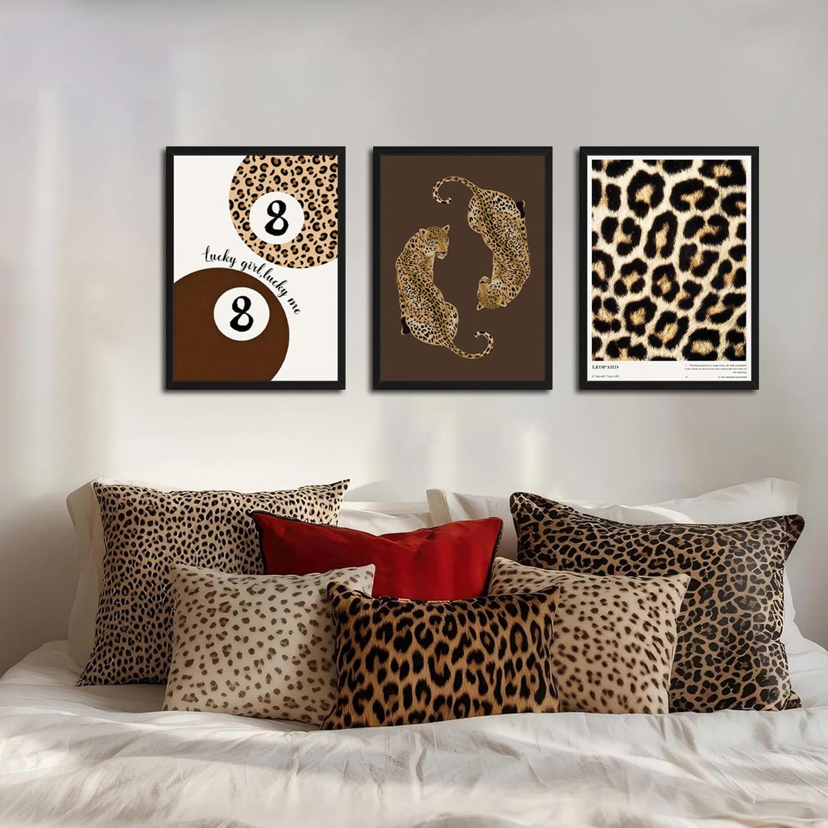 Framed Leopard Wall Art Set of 3, Preppy Cheetah and Lucky 8 Ball Canvas Prints, Trendy Y2K Girly Wall Decor for Teen Girls Bedroom, Bathroom, Dorm, Living Room, 12x16 Inch