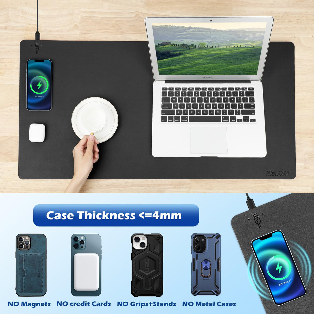 Wireless Charging Desk Mat with Desk Pad for Desktop Charging Large Mouse Pad Waterproof Leather Computer Mat Mouse Pad Non-Slip Protector on Top of Desks for Keyboard and Mouse (black-l, 36*17inch)