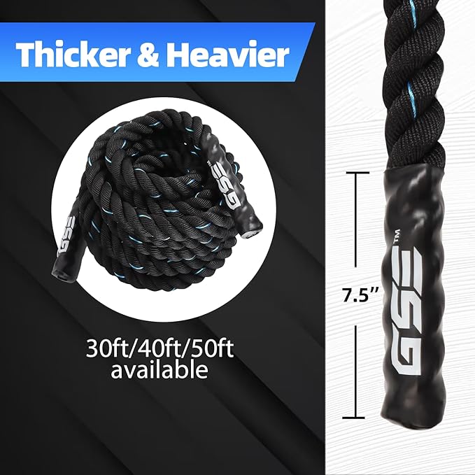 GSE Games & Sports Expert Gym Battle Rope, Heavy-Duty Workout Ropes for Indoor & Outdoor Workout, Exercise Rope for Strength Training - 30,40,50 Feet Lengths Available