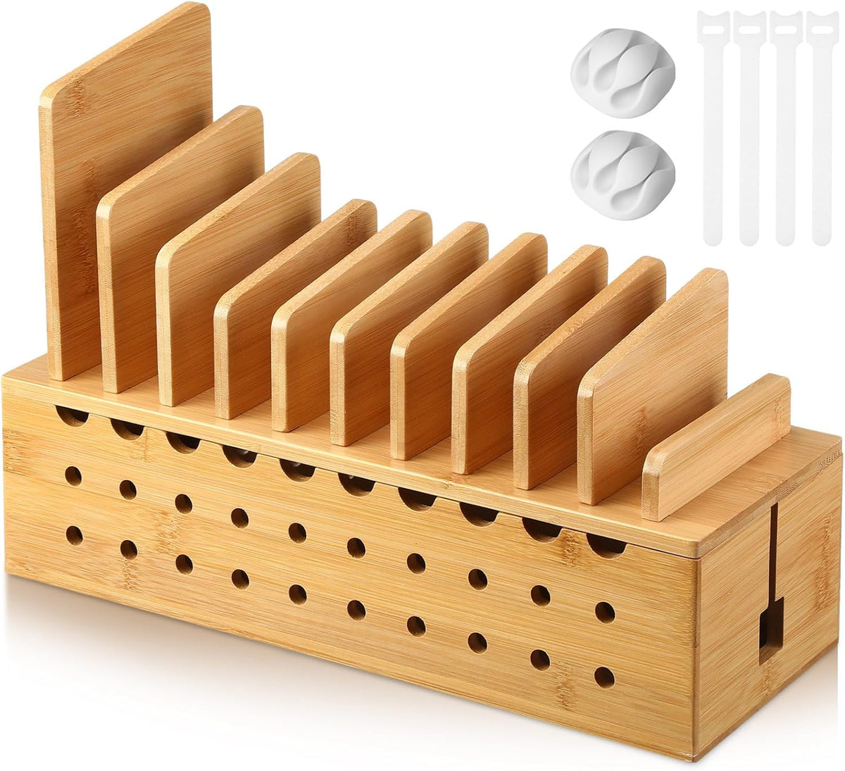 Burbell 10 Bamboo Charging Station for Multiple Devices, Cell Phone Docking Charging Station Organizer and Cord