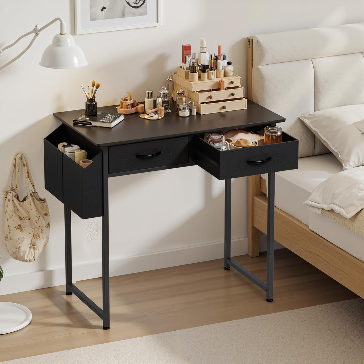 OLIXIS Small Desk with Fabric Drawers for Home Office, 32 Inch Gaming Computer Desk with Side Bag, Headphone Hook Writing Study Work Table for Bedroom Small Sapce, Chic Black