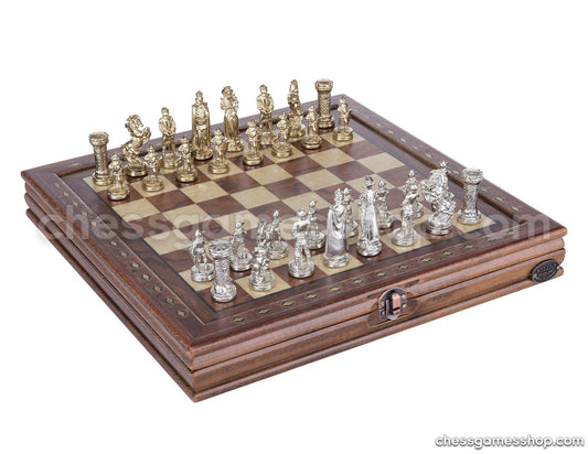 Chess and Games Shop Muba Luxury Handmade Chess Set - Brass Chessmen, Rosewood Mosaic Chess Board - Gift Item, 2 Players, Age 8+