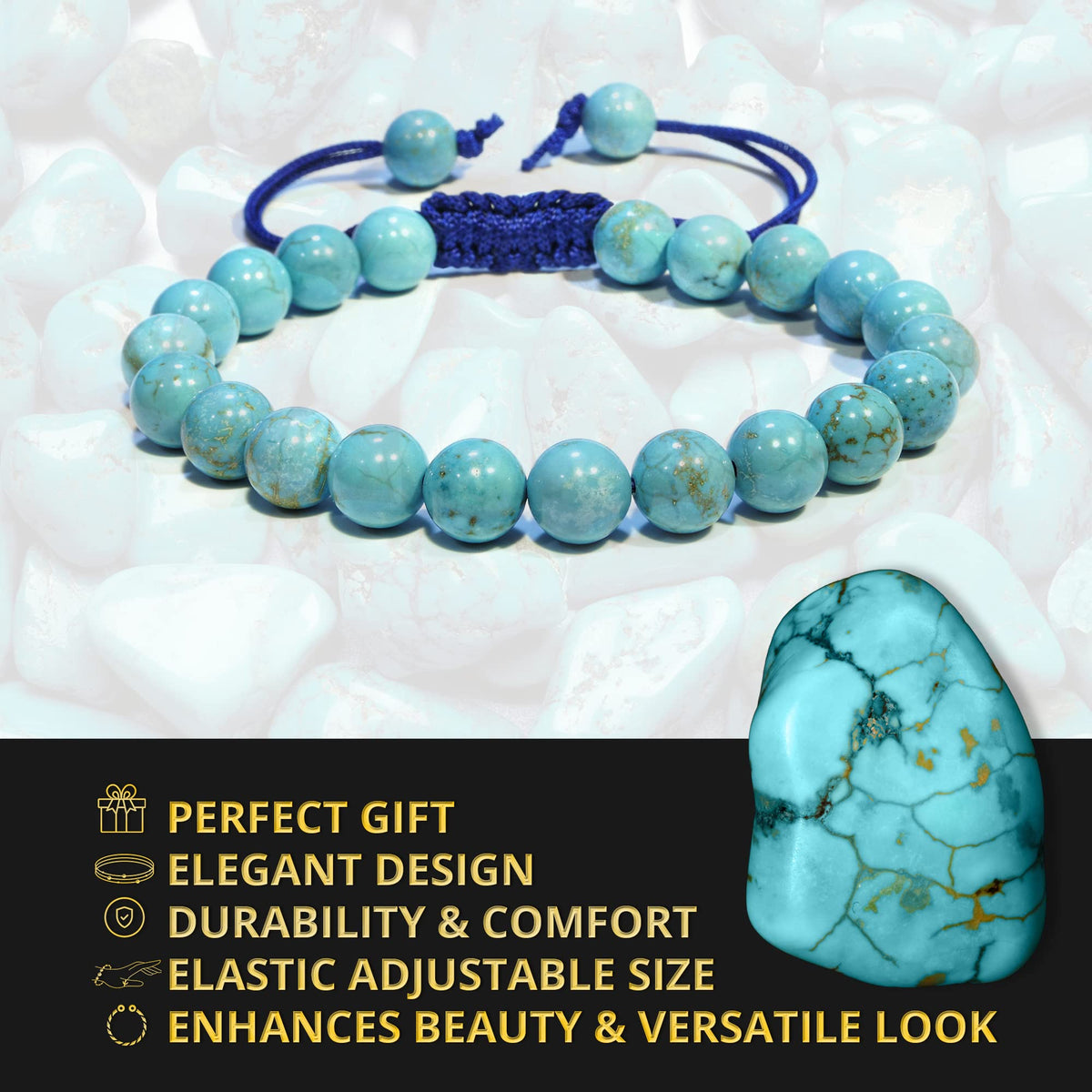 ANAYA AGATE Healing Crystal Bracelet – Chic Gemstone Bracelet for Men and Women – 8mm Round Bead Bracelets for Spiritual Healing, Protection, Positive Energy - Turquoise
