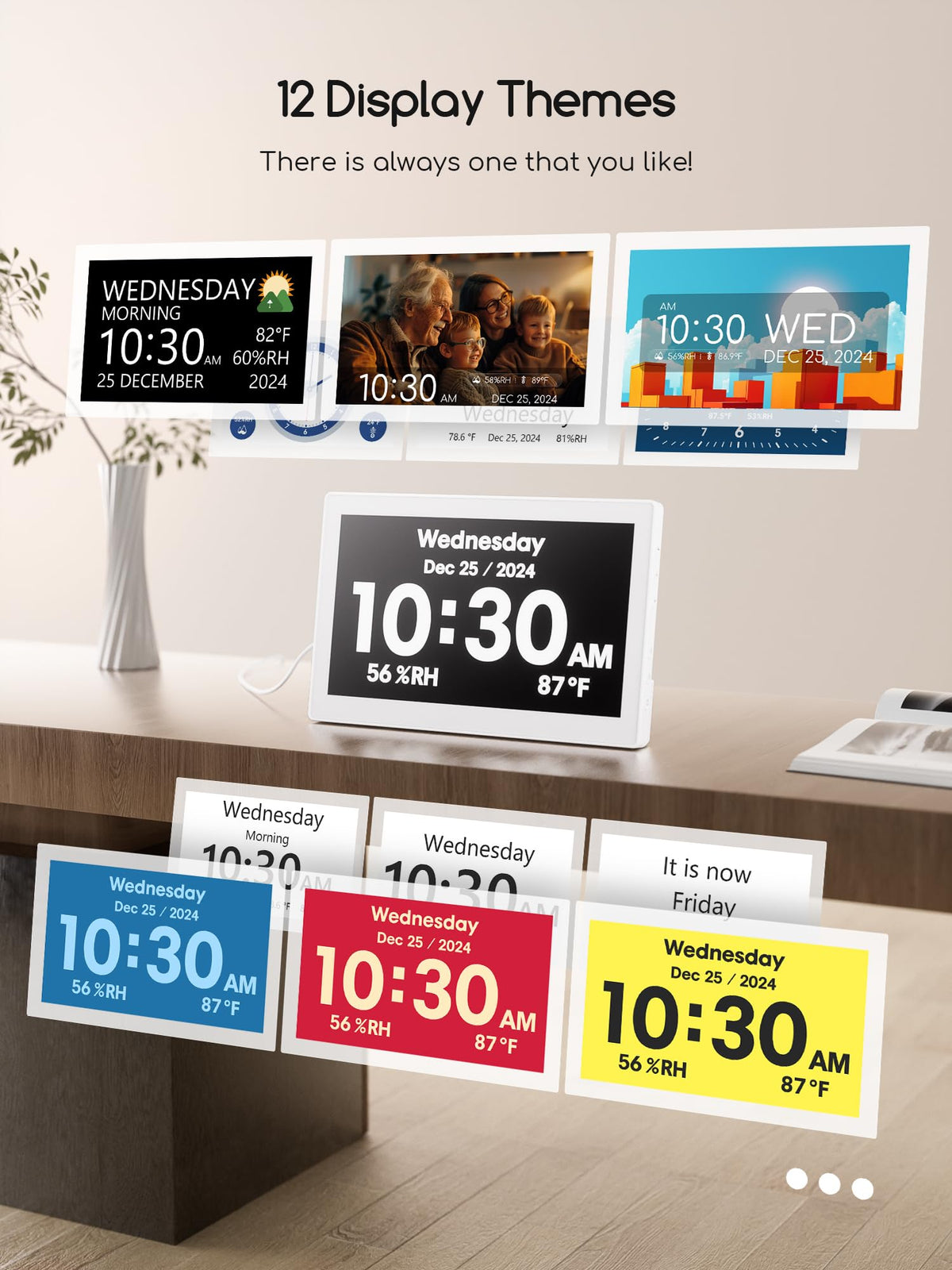 Raynic Digital Clock,10.1 Inch Large Display Calendar Clock with 12 Themes, 20 Alarms, 20 Reminders, Auto Dimming, 12/24 Hours for Seniors, Desk (White)