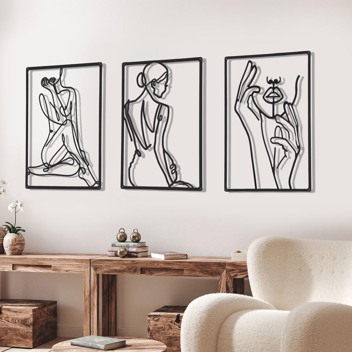 Cindeer 3 Pieces Metal Wall Art Decor 18 Inch Minimalist Modern Abstract Line Home Decor Woman's Body Shape Single Line Wall Art for Kitchen Bedroom Living Room