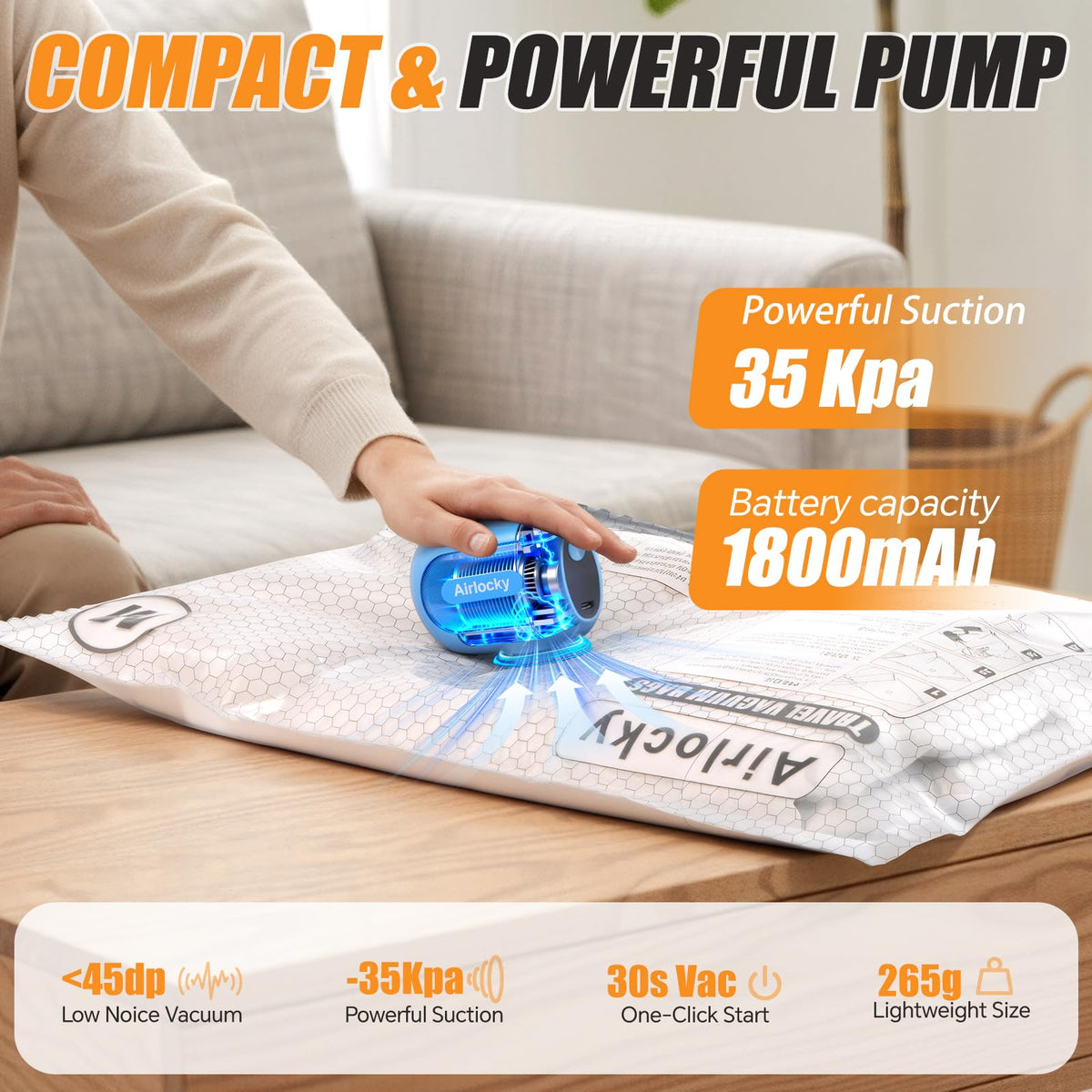 Airlocky Travel Vacuum Storage Bags with Pump, 12 Pack Carry-on Compression Packing Bags + Portable Electric Pump, 80% Space Saver of Clothes, Vacuum Seal Bags for Clothing Travel Luggage