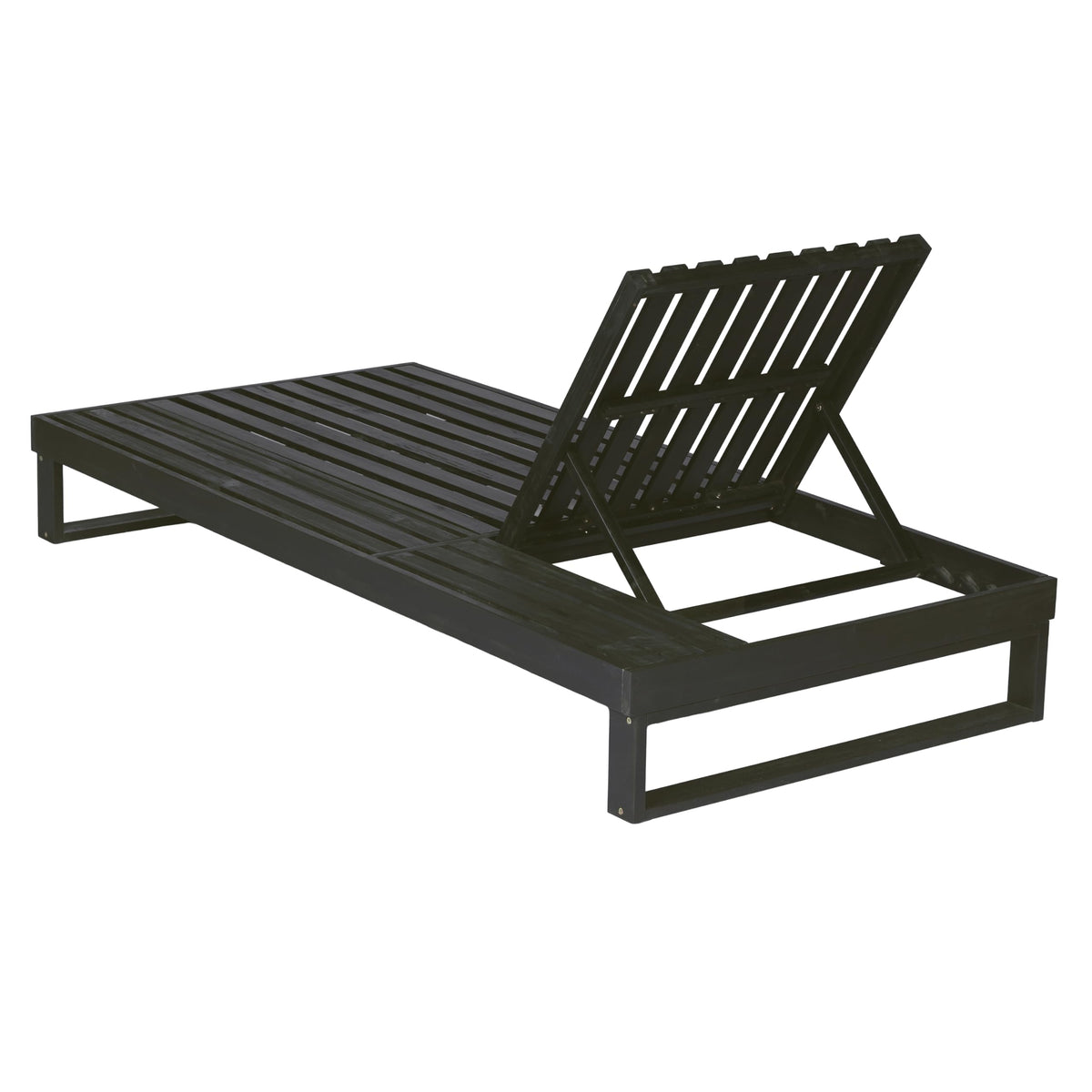 Merax 2 Piece Black Acacia Wood Chaise Lounge with 4-Inch Beige 4-Fold Cushion Set, Adjustable Outdoor Patio Lounger with Flat Side Surface, for Poolside