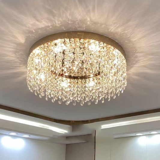 Axamate Modern Crystal Chandelier 24 inch Large Gold Chandeliers Ceiling Light Round Raindrop Chandeliers Flush Mount Lighting Fixture for Living Room Dining Room Bedroom