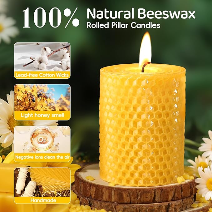 3 Pack Natural Beeswax Pillar Candles,2.8x4in Handmade Beeswax Rolled Candles,96 Hours Long Burning Honeycomb Bees Wax Candle for Gift & Home Decor,Dripless Smokeless Unscented