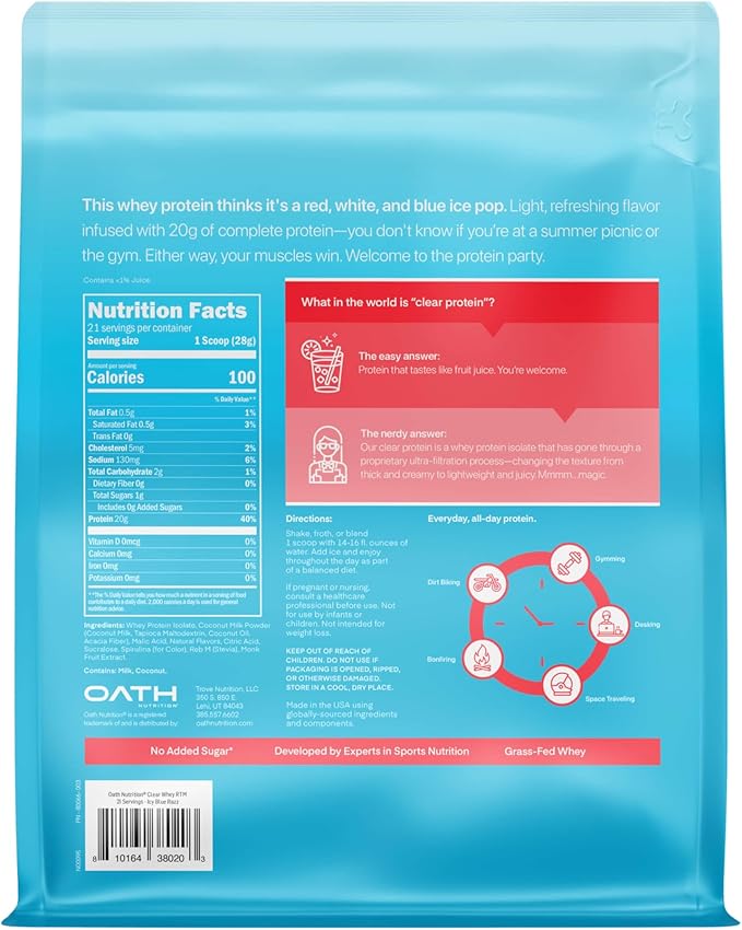 Clear Whey Isolate Protein Powder, ICY Blue Razz, 20g Complete Protein per Serving, No Added Sugar, Grass-Fed, 21 Servings