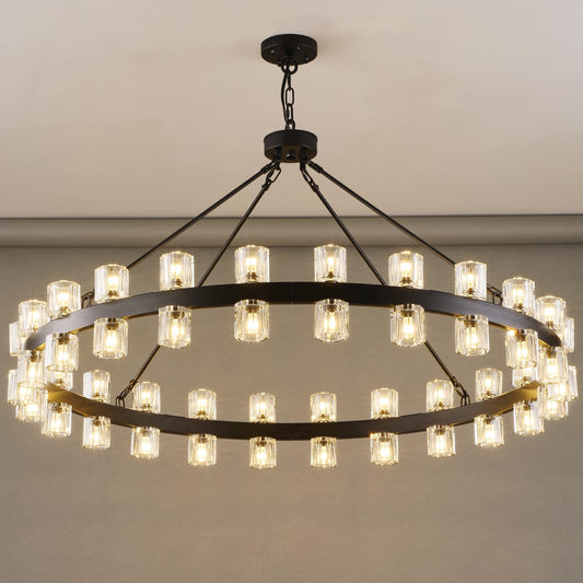 Plsintly 48 Inch Black Wagon Wheel Chandelier with Crystal Shade, Crystal Chandelier, Modern Farmhouse Style, Ideal for Dining Room, Kitchen, Entryways,48 Lights (Bulbs Included)